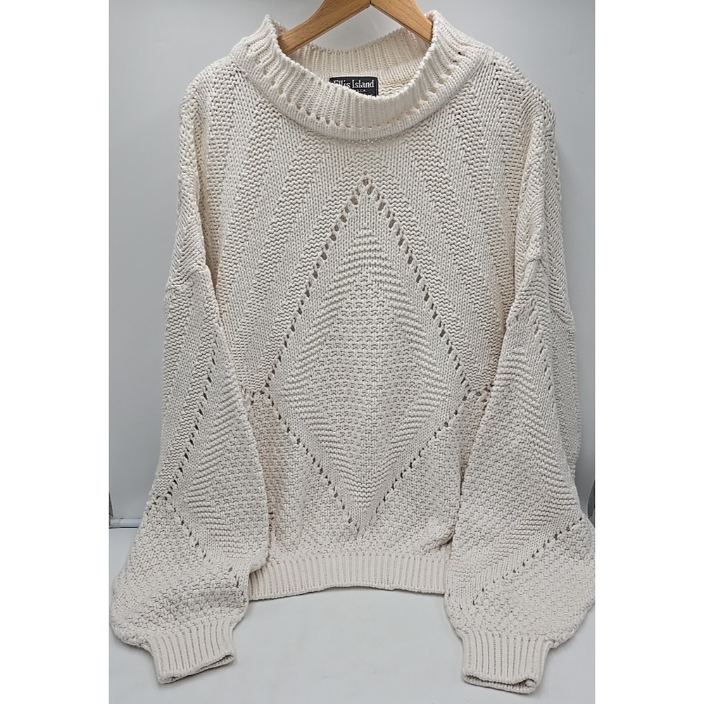 Vintage Ellis Island XL Cream Diamond Stitching Chunky Cozy Oversized Sweater - Picture 7 of 8